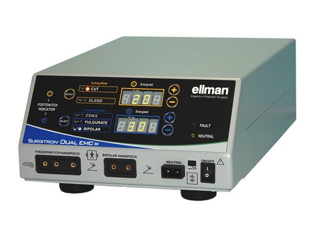 エルマンジャパンの電気メス「サージトロン Dual EMC」。高周波ラジオ波技術を採用し、4.0MHzのモノポーラと1.7MHzのバイポーラモードで低侵襲な手術が可能。切開、剥離、凝固の操作が簡単に行え、多くの診療科で使用可能。