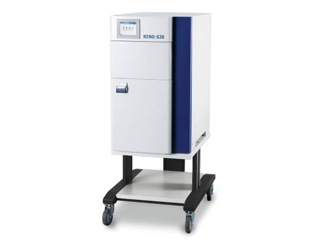 メディア 低温プラズマ滅菌器 RENO-S30。55℃未満の低温で短時間滅菌を実現。過酸化水素を使用し、環境にも人にも優しい設計。日本語カラータッチパネルを搭載し、操作が簡単。