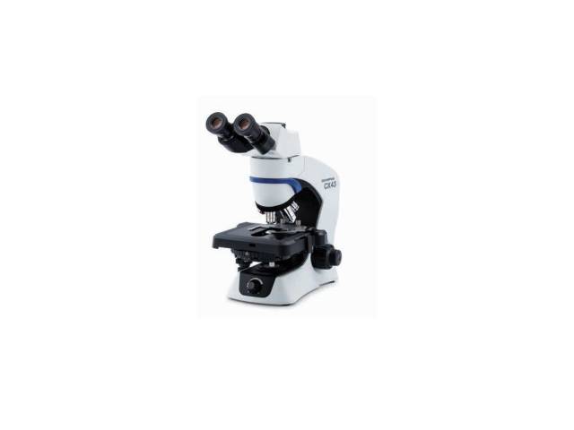 オリンパス生物顕微鏡CX43。長寿命LED光源、低ステージ設計、明視野・暗視野・位相差・蛍光観察対応、誤操作防止機能付き